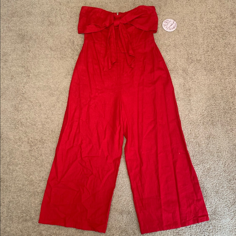 Red Linen Jumper with Bow Accent by Gypsies and Moondust